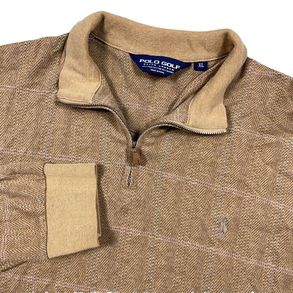 Ralph Lauren Polo Golf‎ Sweater Men XL Brown Pullover Quarter Zip Pima Alpaca